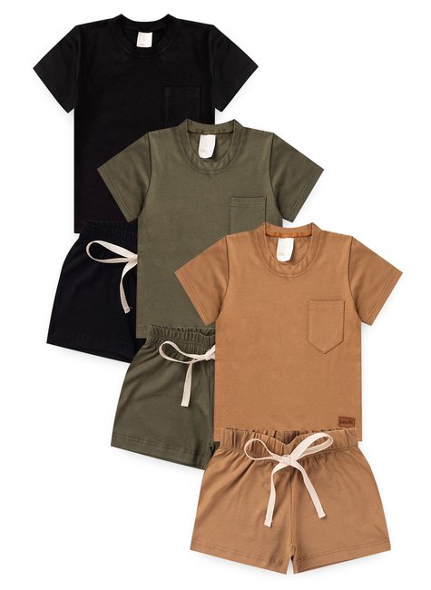 KIT 3 Conjuntos Vero Shorts  Camiseta com Bolso Duma Kids