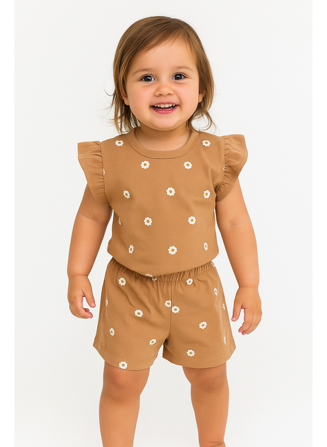 Conjunto Infantil Verao FruFru Mini Flores Duma Kids Camelo